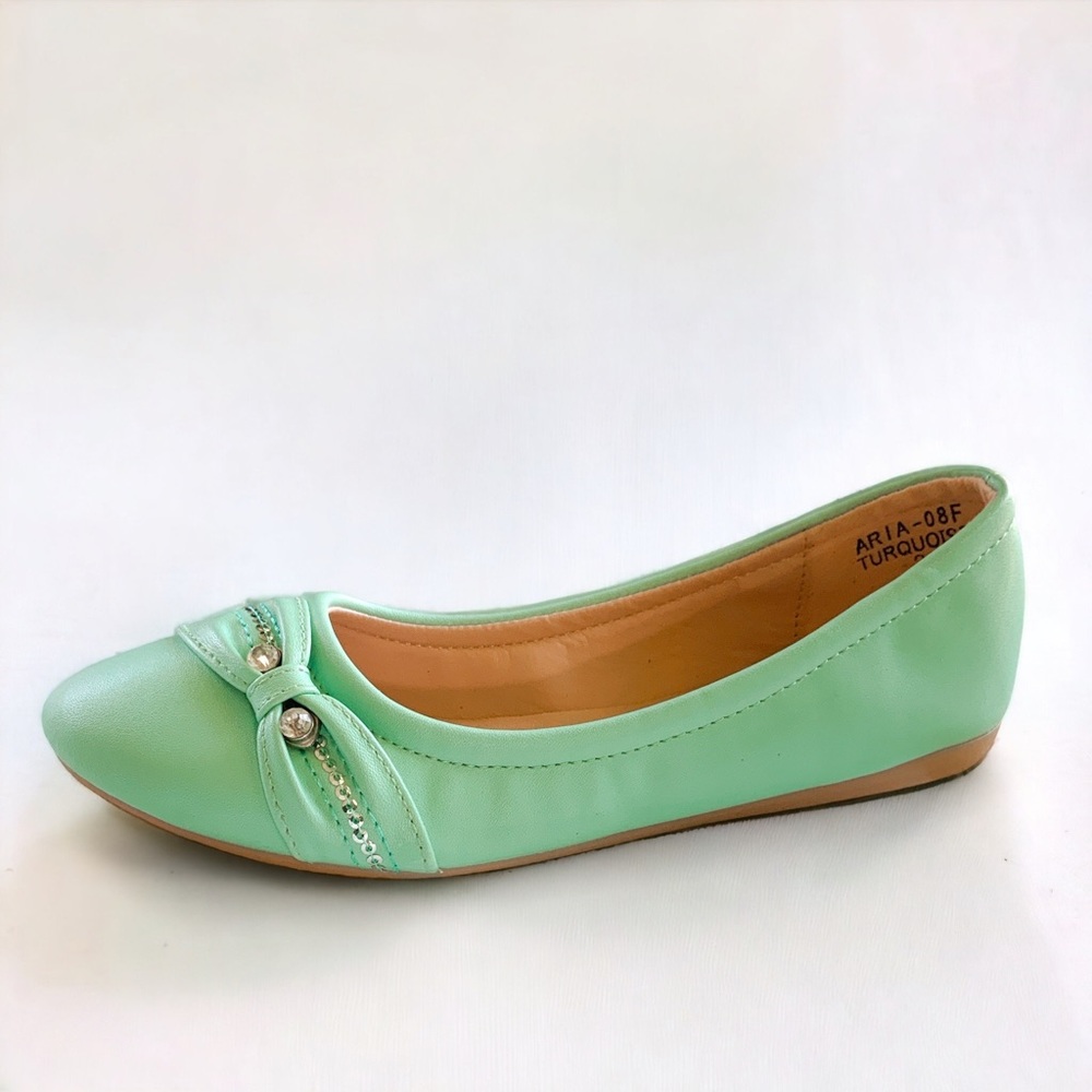Girls Turquoise Ballet Flats Faux Leather size 2 32 Via Pinky Sequins Rhinestone